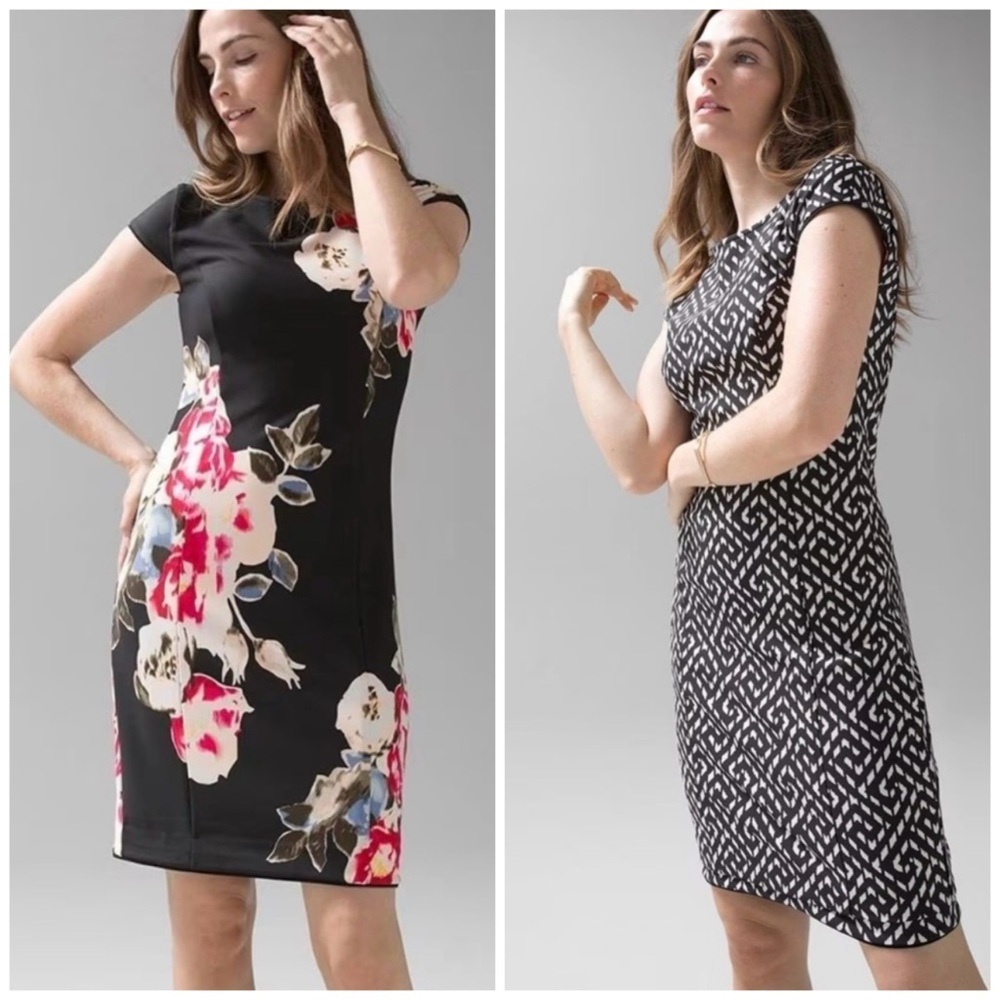 White House Black Market Reversible Sheath Scuba Dress Size 8 Floral Geometric